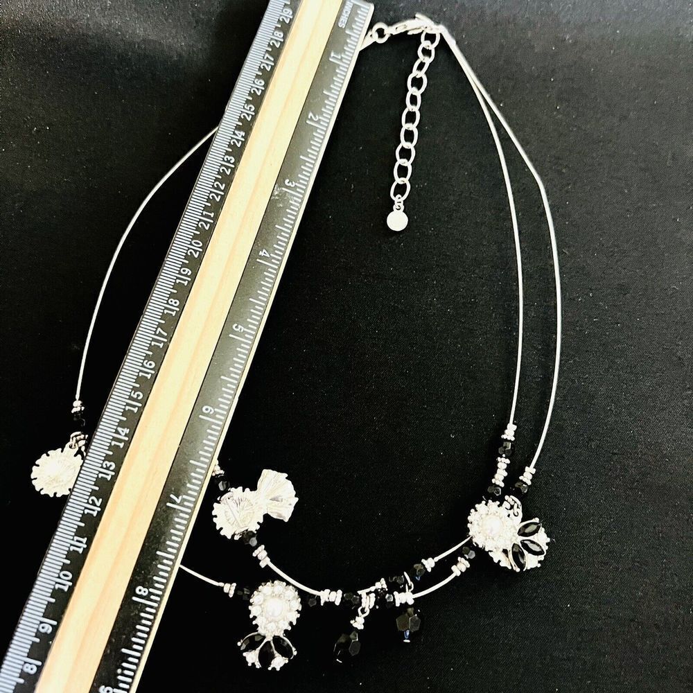 Ruby Rd. Two Strand Wire Layered Rhinestone Necklace Silver Black Tone 4448 - Picture 9 of 10
